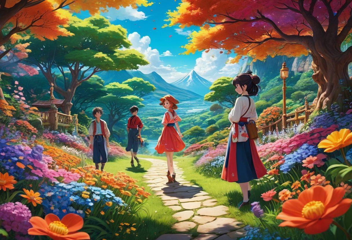 A vibrant and dynamic scene featuring a diverse group of anime characters in a whimsical, colorful setting, showcasing elements of adult anime and bent films. The characters should exhibit fun and playful expressions, surrounded by a mix of fantasy and sensual elements, intertwining nature and modern designs. The background should flow with lush landscapes and abstract patterns that evoke a sense of allure and creativity. bright colors. 3D effect.